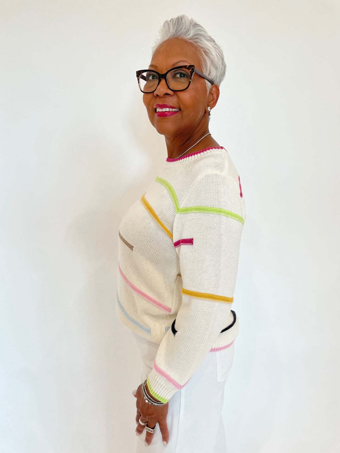 Elliott Lauren Color Scheme Multi Stripes Long Sleeve Sweater available at Barbara Katz