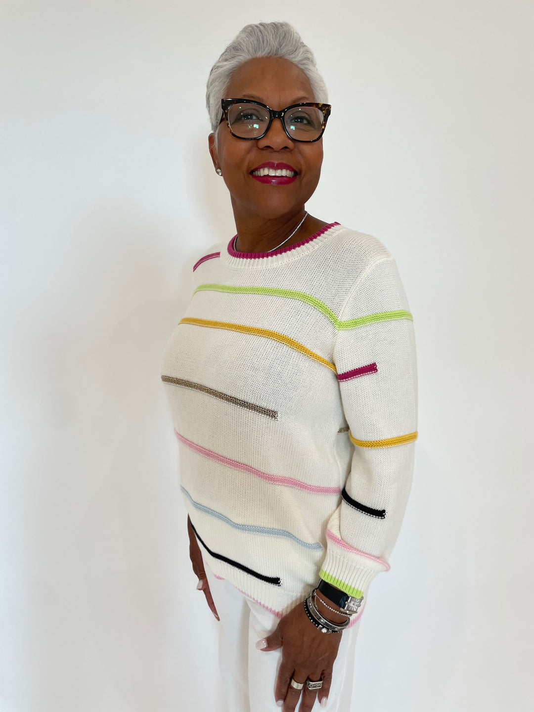 Elliott Lauren Color Scheme Multi Broken Stripe Sweater available at Barbara Katz