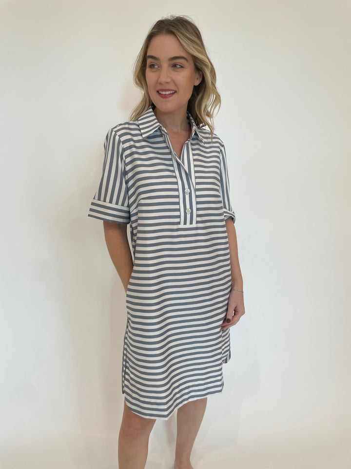 Aileen Stripe/Gingham Dress - French Grey/White