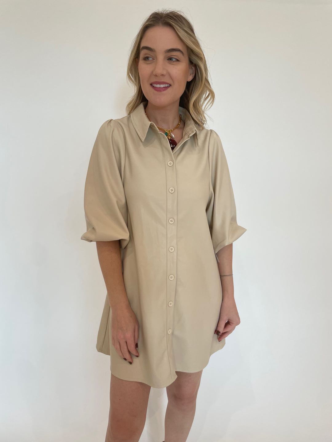 BK Anya Vegan Leather Shirt Dress in Creme available at Barbara Katz