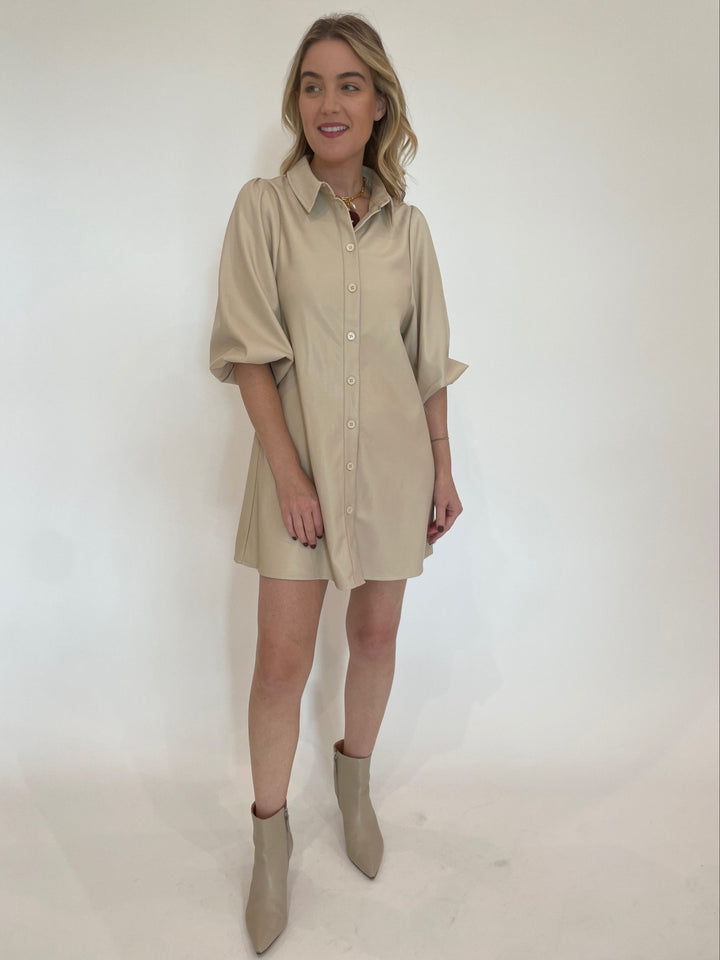 BK Anya Vegan Leather Mini Shirt Dress in Creme available at Barbara Katz