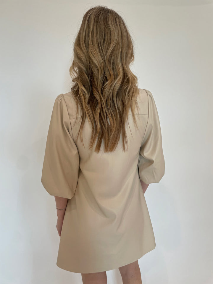 BK Anya Vegan Leather Mini Shirt Dress in Creme available at Barbara Katz