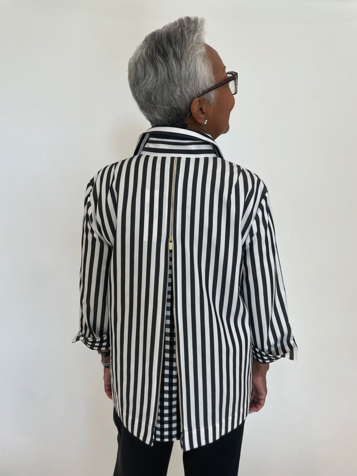 Hinson Wu Xena 3/4 Sleeve Stripe Gingham Combo Shirt in Black/White available at Barbara Katz