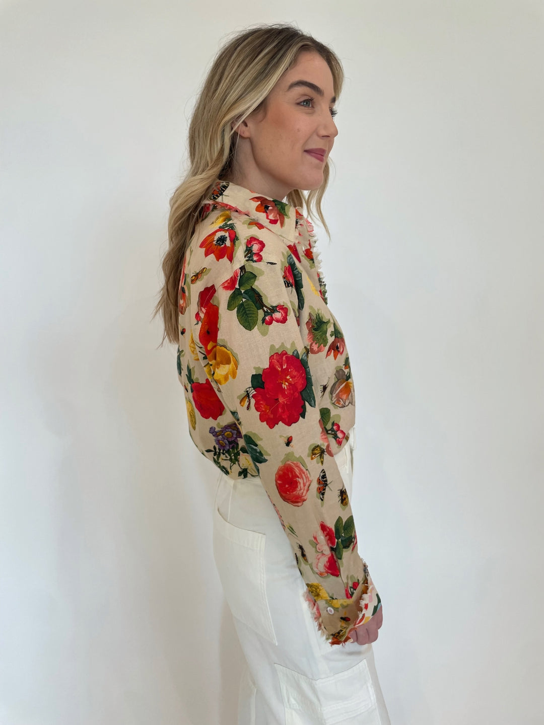 Dizzy-Lizzie Cape Cod Frayed Long Sleeve Shirt in Botanical Print available at Barbara Katz