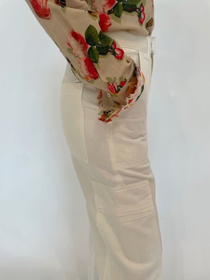 Dizzy-Lizzie Cape Cod Frayed Shirt in Botanical Print with Citizens of Humanity Marcelle Low Slung Easy Cargo Pants in Pashmina available at Barbara Katz