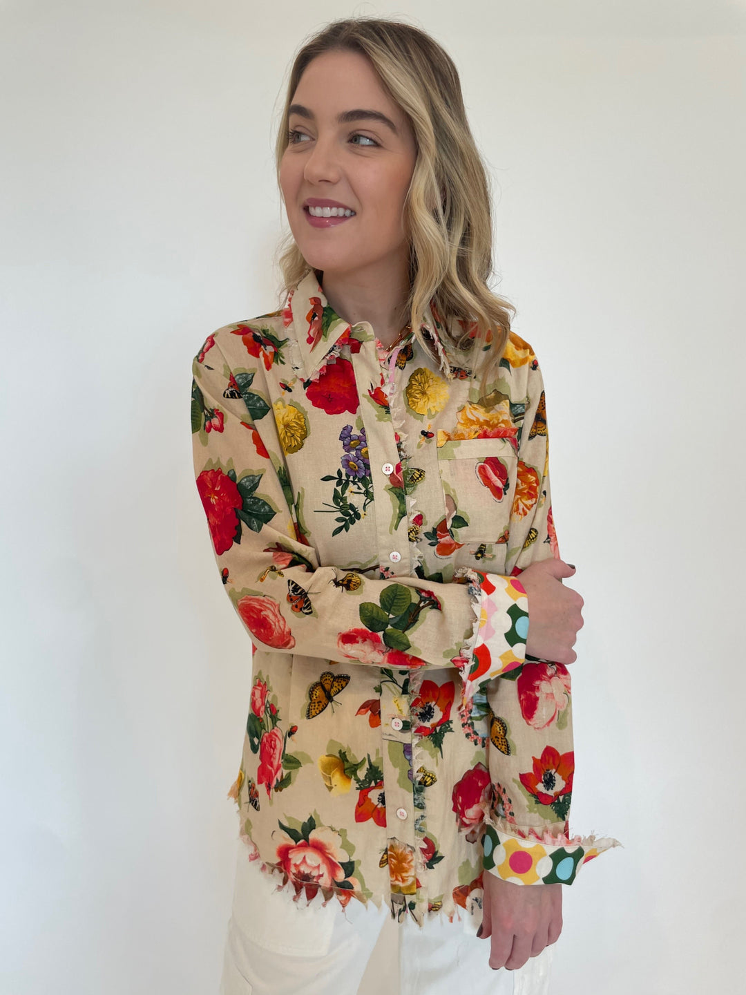 Dizzy-Lizzie Cape Cod Frayed Shirt in Botanical Print available at Barbara Katz