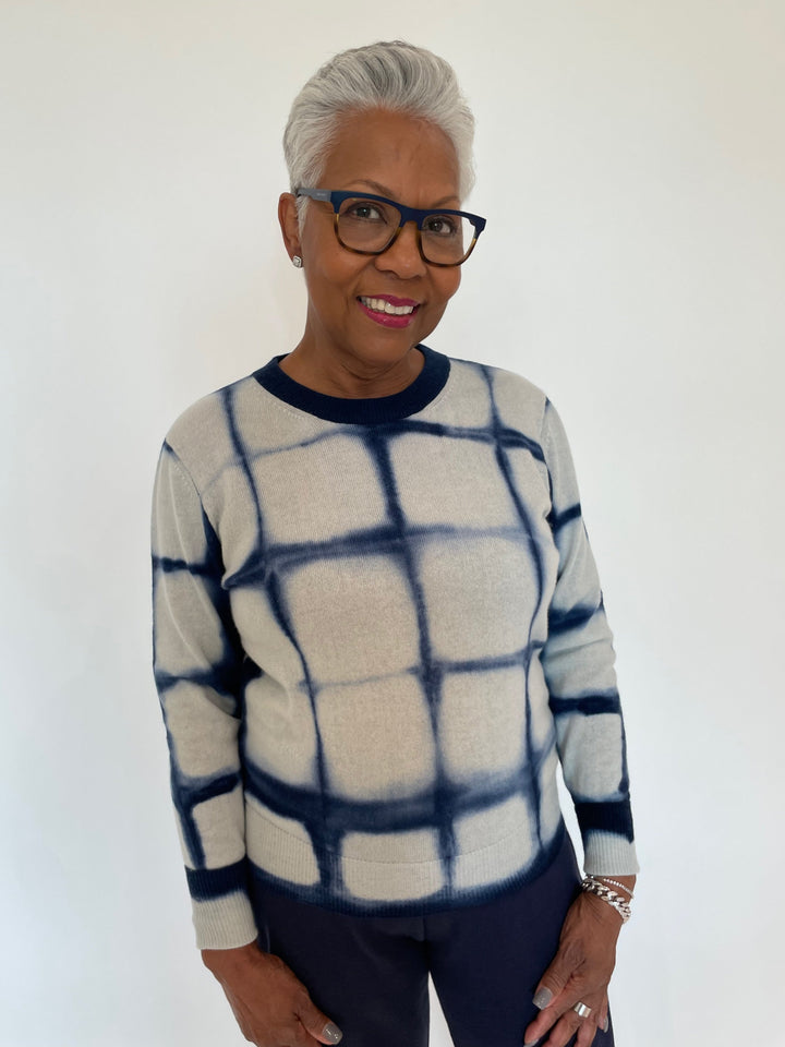 Autumn Cashmere Shibori Plaid Crew Sweater in Navy available at Barbara Katz