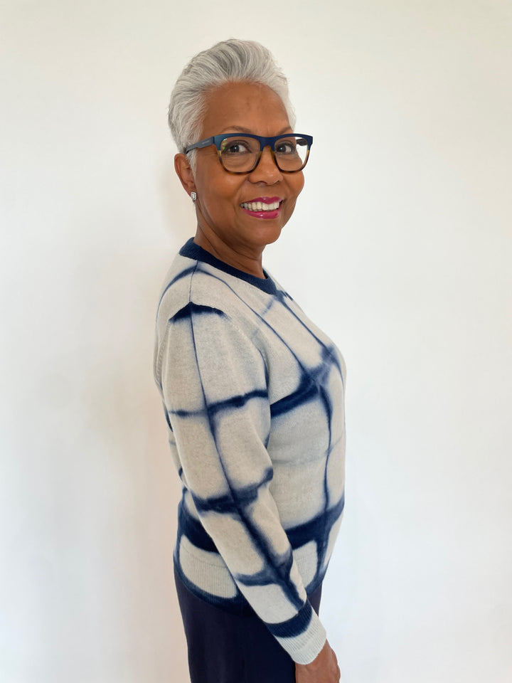 Autumn Cashmere Shibori Plaid Long Sleeve Sweater in Navy available at Barbara Katz