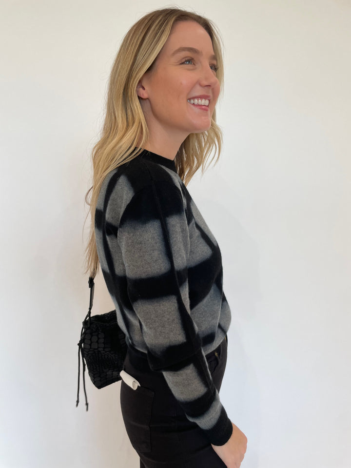 Autumn Cashmere Shibori Plaid Long Sleeve Sweater in Cement with Daniella Lehavi Tokyo Crossbody Bag in Black available at Barbara Katz