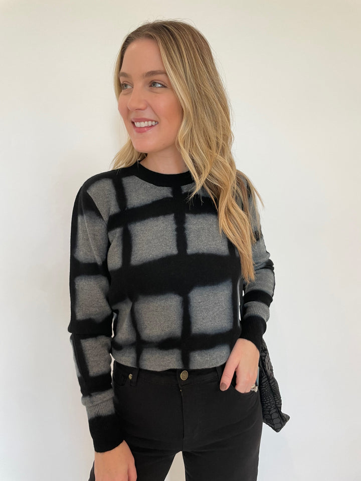 Autumn Cashmere Shibori Plaid Crew Sweater in Cement available at Barbara Katz