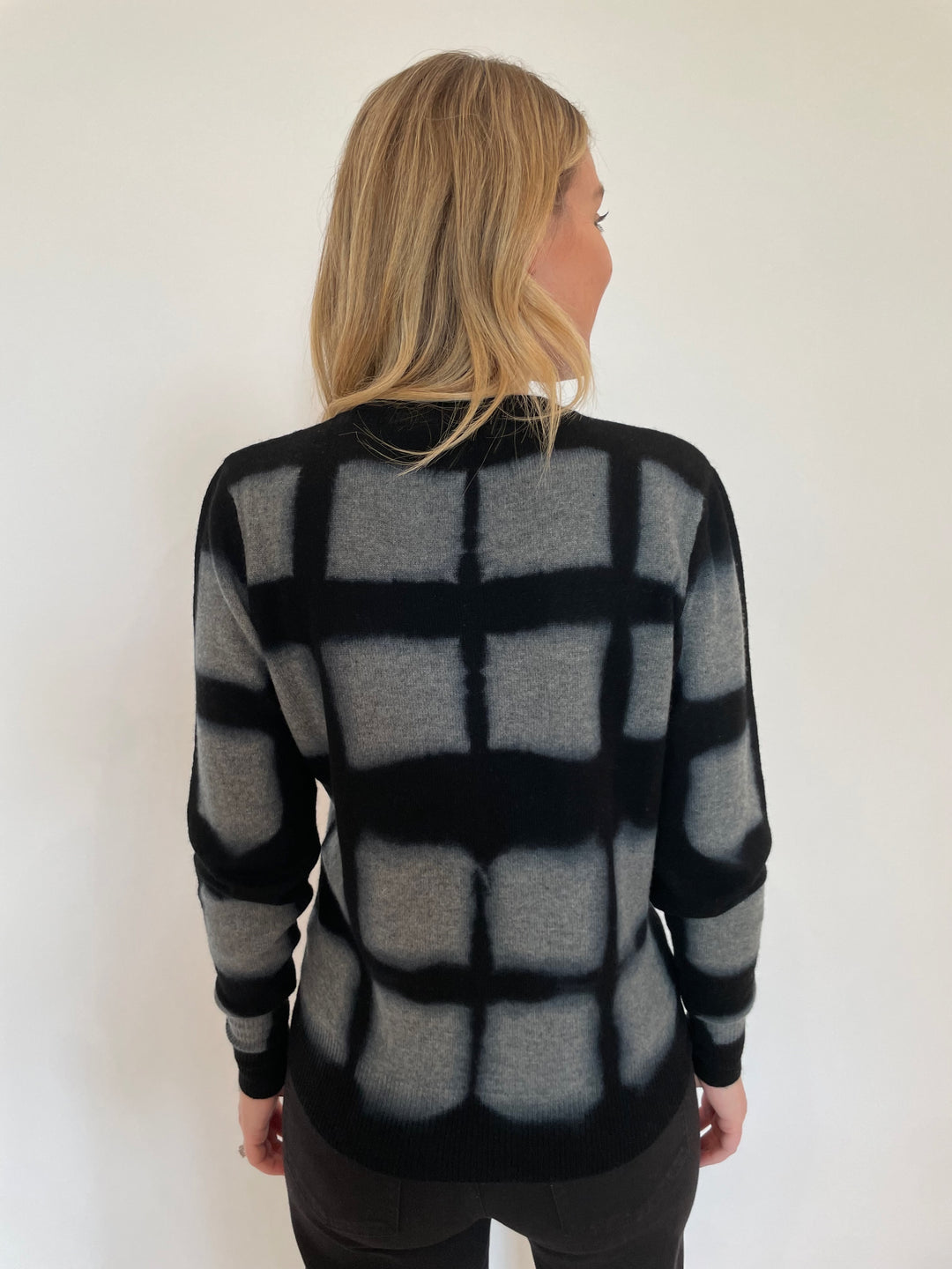 Autumn Cashmere Shibori Plaid Crew Sweater in Cement Black available at Barbara Katz