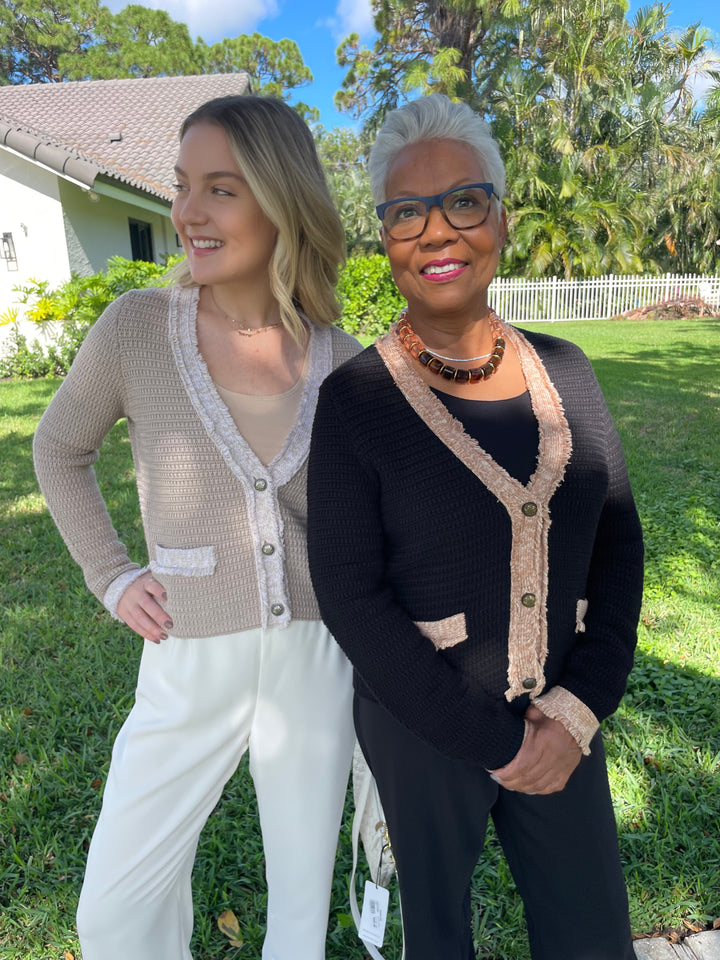 Autumn Cashmere Fringed Trimmed V-Neck Jacket in Sandalwood Combo paired with Peace of Cloth Jules Paramount Knit Pants in Oyster,Autumn Cashmere Fringed Trimmed V-Neck Jacket in Black Combo paired with Peace of Cloth Jules Paramount Knit Pants in Black available at Barbara Katz