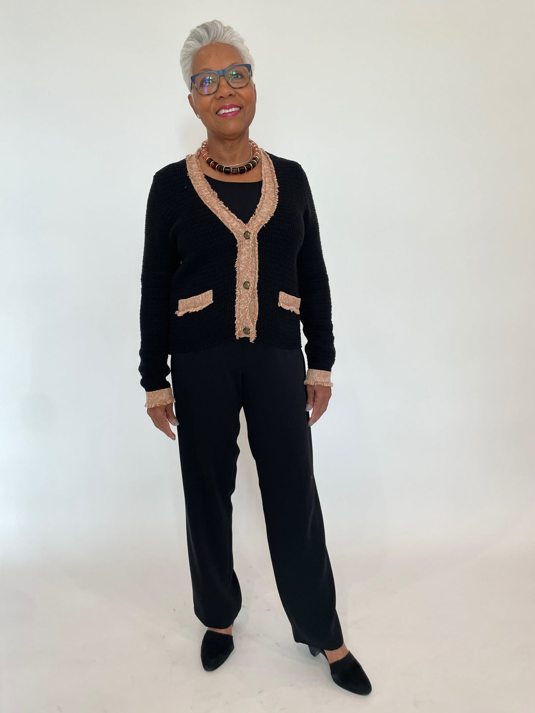 Autumn Cashmere Fringed Trimmed V-Neck Jacket in Black Combo paired with Peace of Cloth Jules Paramount Knit Pants in Black, Pono Helaine Necklace in Tortuga available at Barbara Katz