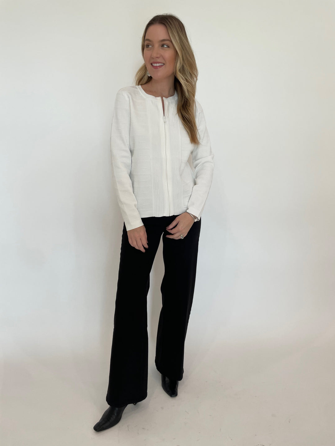 BK Juliet Viscose Knit Zip Jacket in Ivory paired with Frame Le Slim Palazzo Wide Leg Jeans in Black available at Barbara Katz