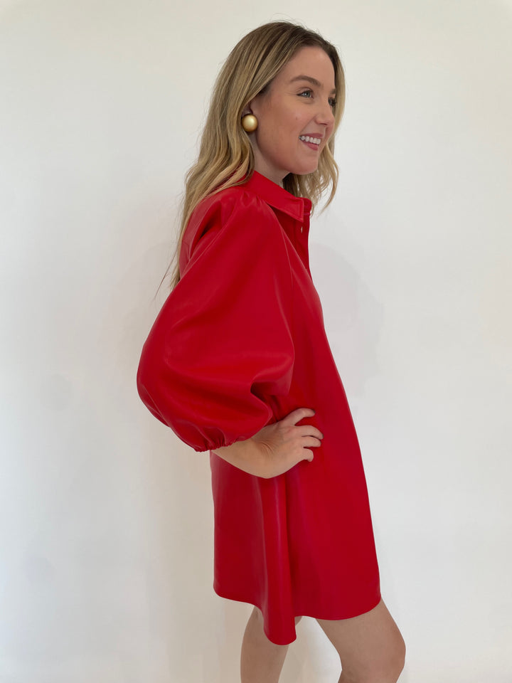 BK Anya Vegan Leather 3/4 Sleeve Shirt Dress in Red with Pono Mollie Barile Clip Earrings in Gold available at Barbara Katz