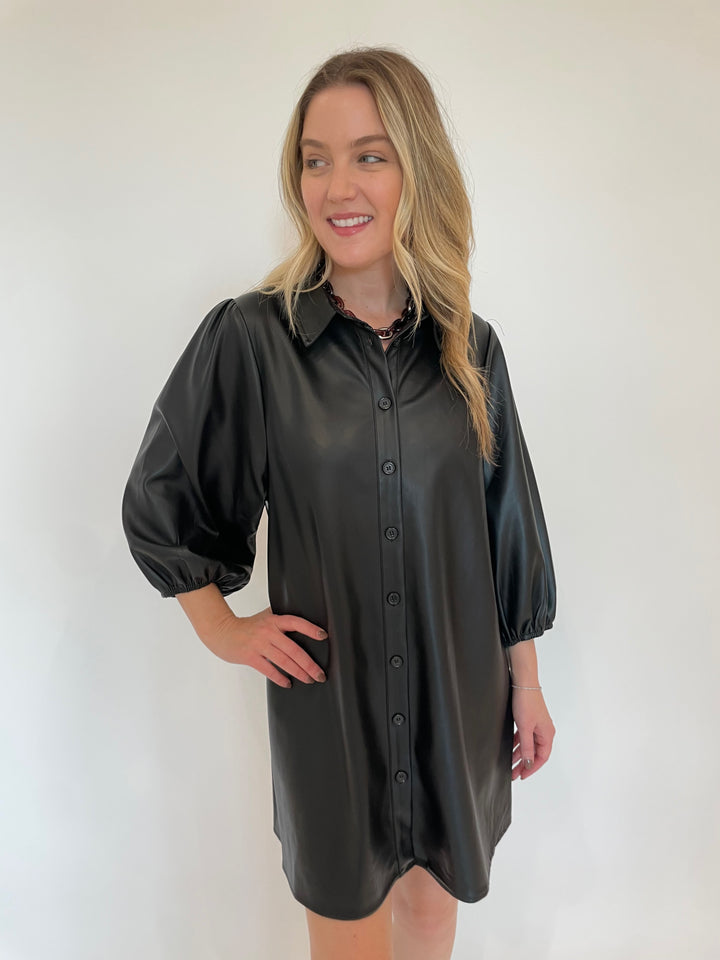 BK Anya Vegan Leather Shirt Dress in Black with Pono Riley Necklace in Hickory available at Barbara Katz