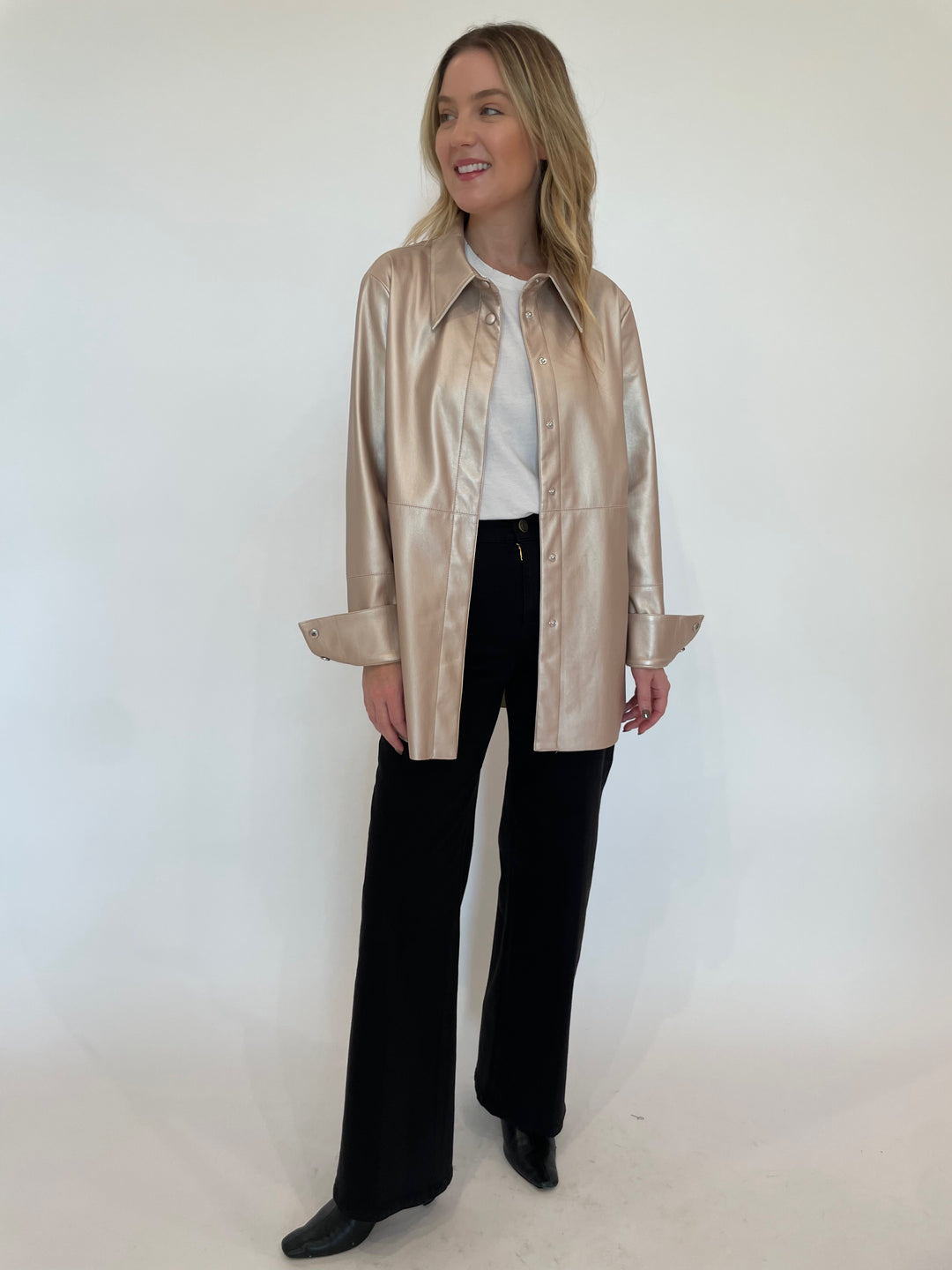 BK Julia Metallic Vegan Leather Shacket in Pale Gold paired with Frame Le Slim Palazzo Wide Leg Jeans in Black available at Barbara Katz