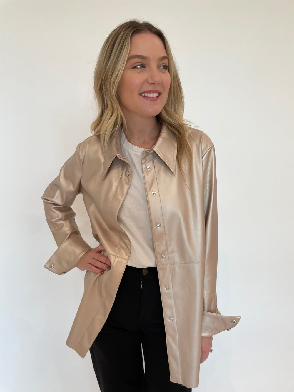 BK Julia Metallic Vegan Leather Shirt Jacket in Pale Gold available at Barbara Katz