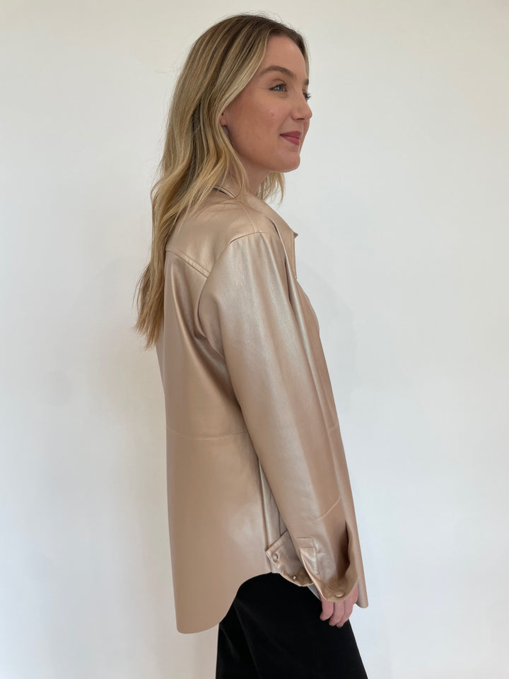 BK Julia Metallic Vegan Leather Long Sleeve Shacket in Pale Gold available at Barbara Katz