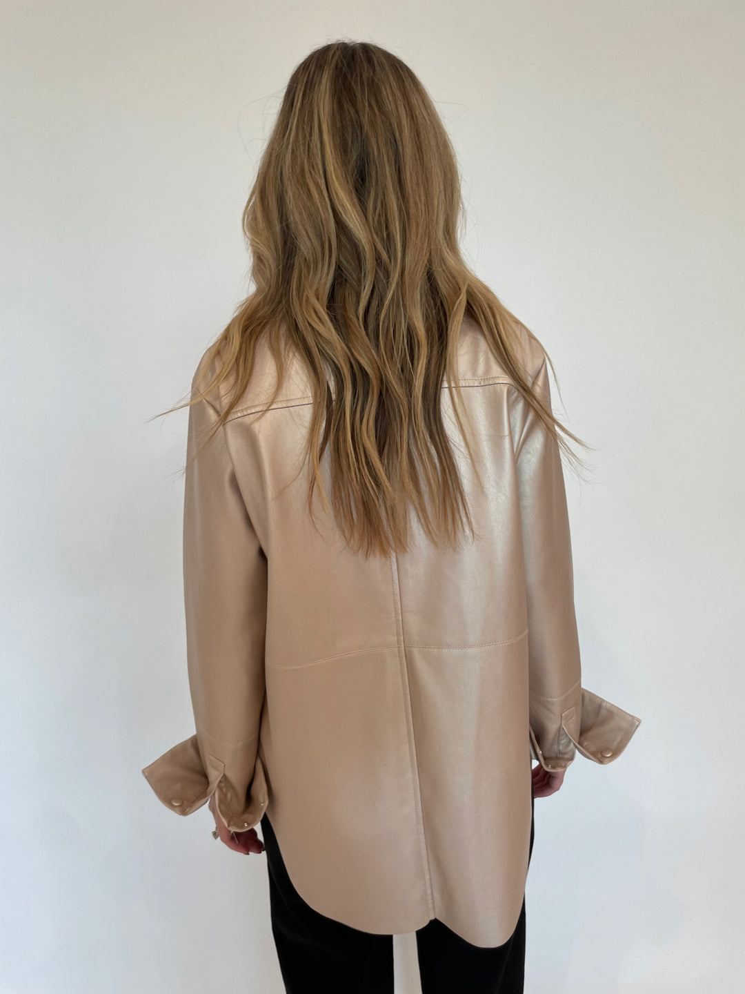 BK Julia Metallic Faux Leather Long Sleeve Shacket in Pale Gold available at Barbara Katz