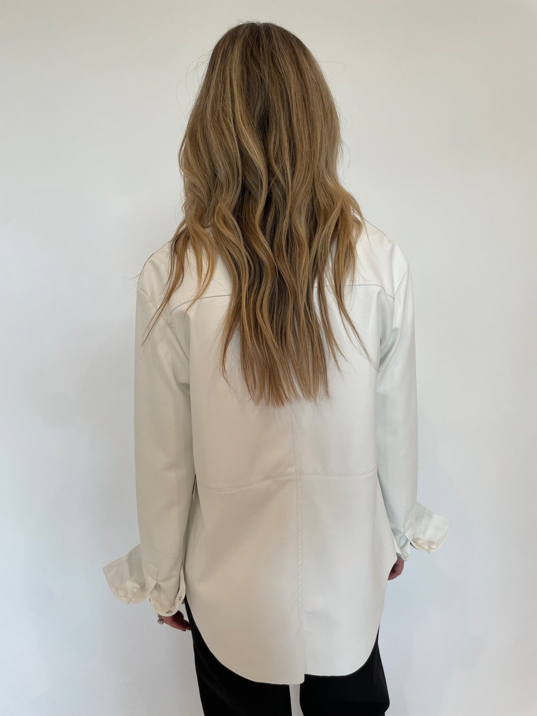 BK Julia Metallic Faux Leather Long Sleeve Shacket in White available at Barbara Katz