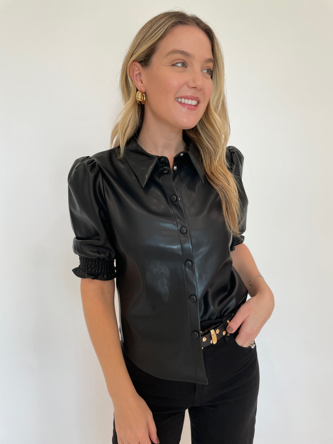 BK Senna Vegan Leather Puff Sleeve Top in Black available at Barbara Katz