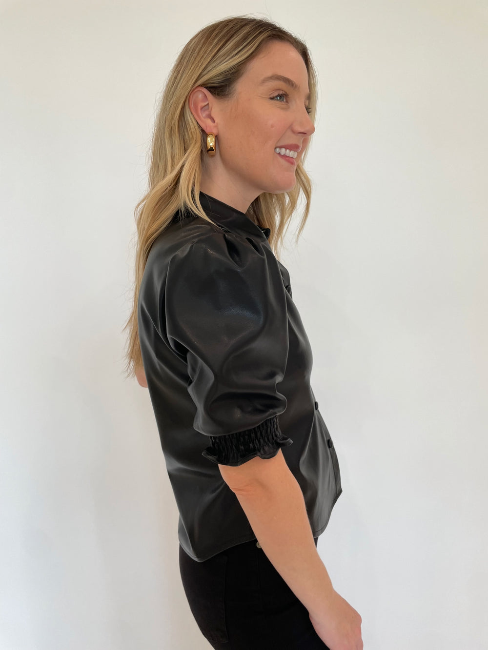 BK Senna Vegan Leather Puff Sleeve Top in Black available at Barbara Katz