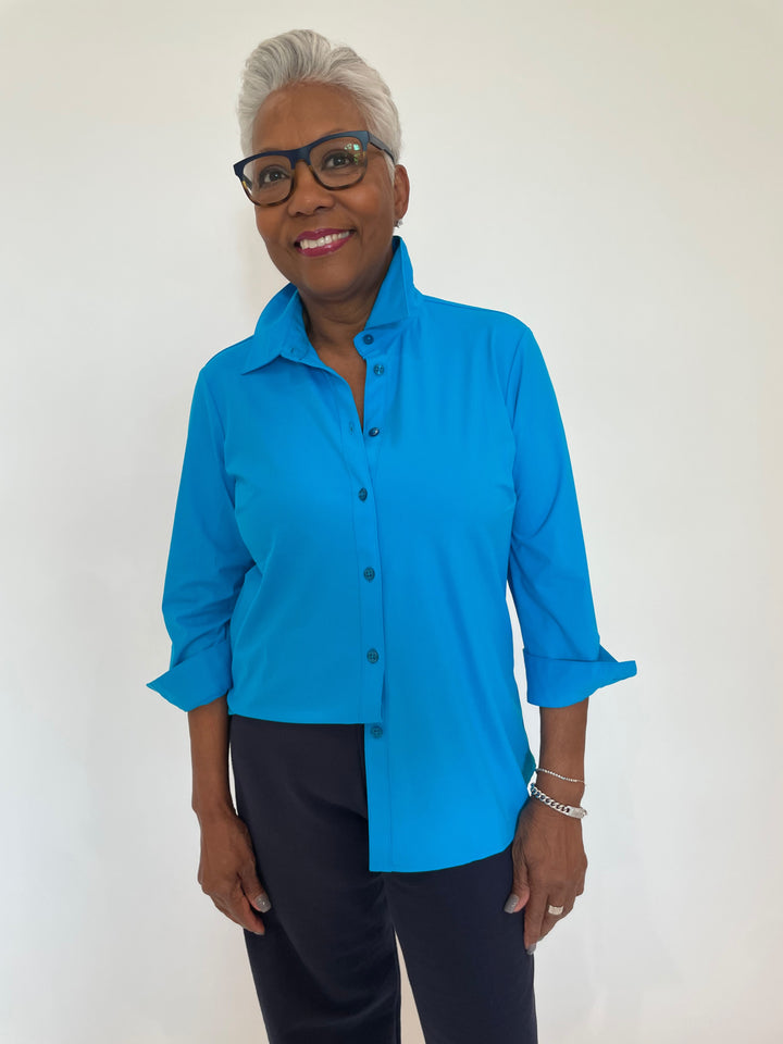 BK Diane 3/4 Sleeve Shirt in Turquoise available at Barbara Katz