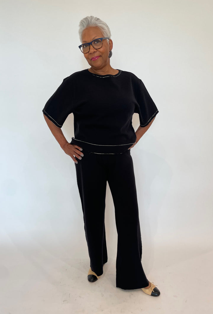 Goldie Stella Double-Faced Flare Pants in Black/Gray Heather paired with matching Stella Kimono Top available at Barbara Katz