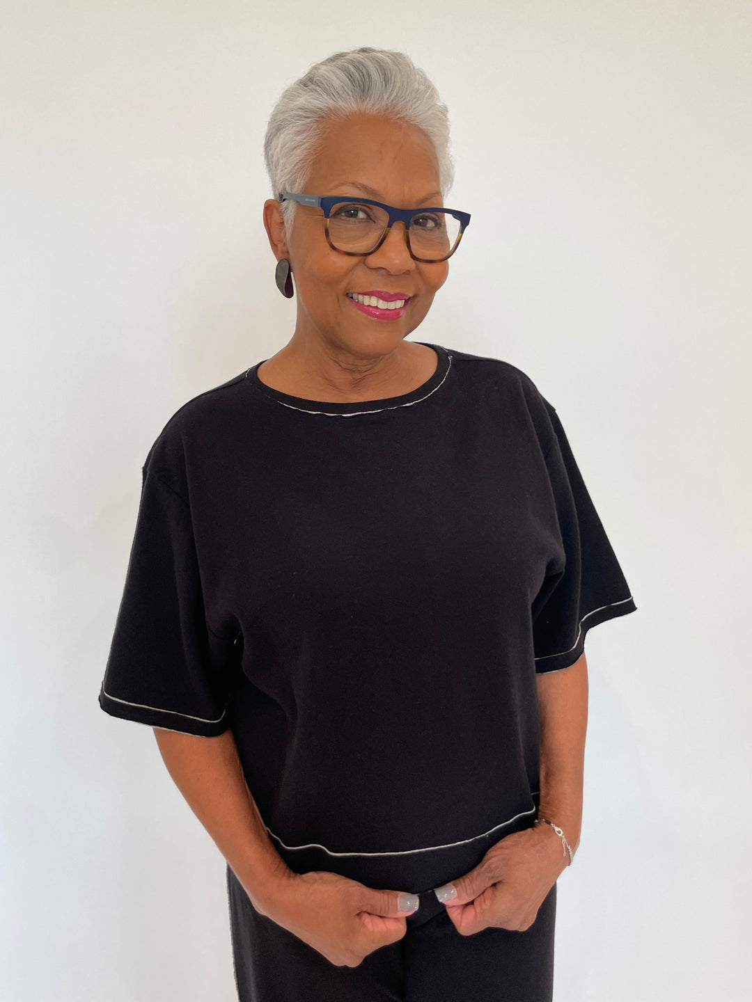 Goldie Stella Double-Faced Kimono Top in Black/Gray Heather with Pono Ice Christie Earrings in Shadow available at Barbara Katz