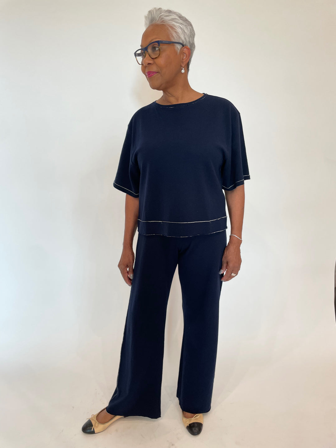 Goldie Stella Double-Faced Kimono Top in Navy/Gray Heather paired with matching Stella Flare Pants available at Barbara Katz