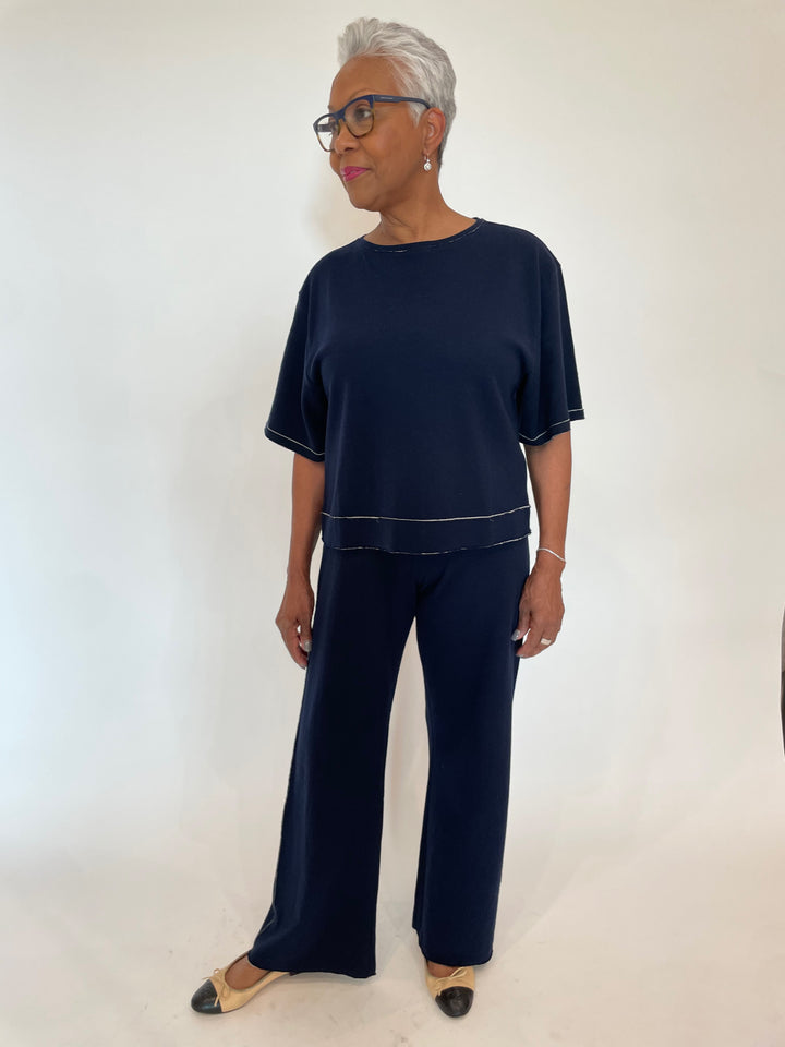 Goldie Stella Double-Faced Kimono Top in Navy/Gray Heather paired with matching Stella Flare Pants available at Barbara Katz