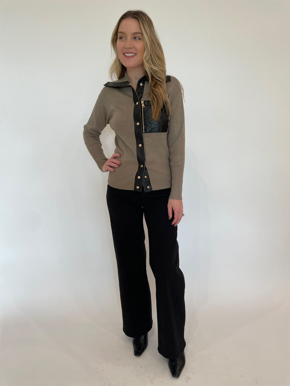 BK Mona Leather Trim Pocket Snap Knit Sweater in Latte/Black paired with Frame Le Slim Palazzo Wide Leg Jeans in Black available at Barbara Katz