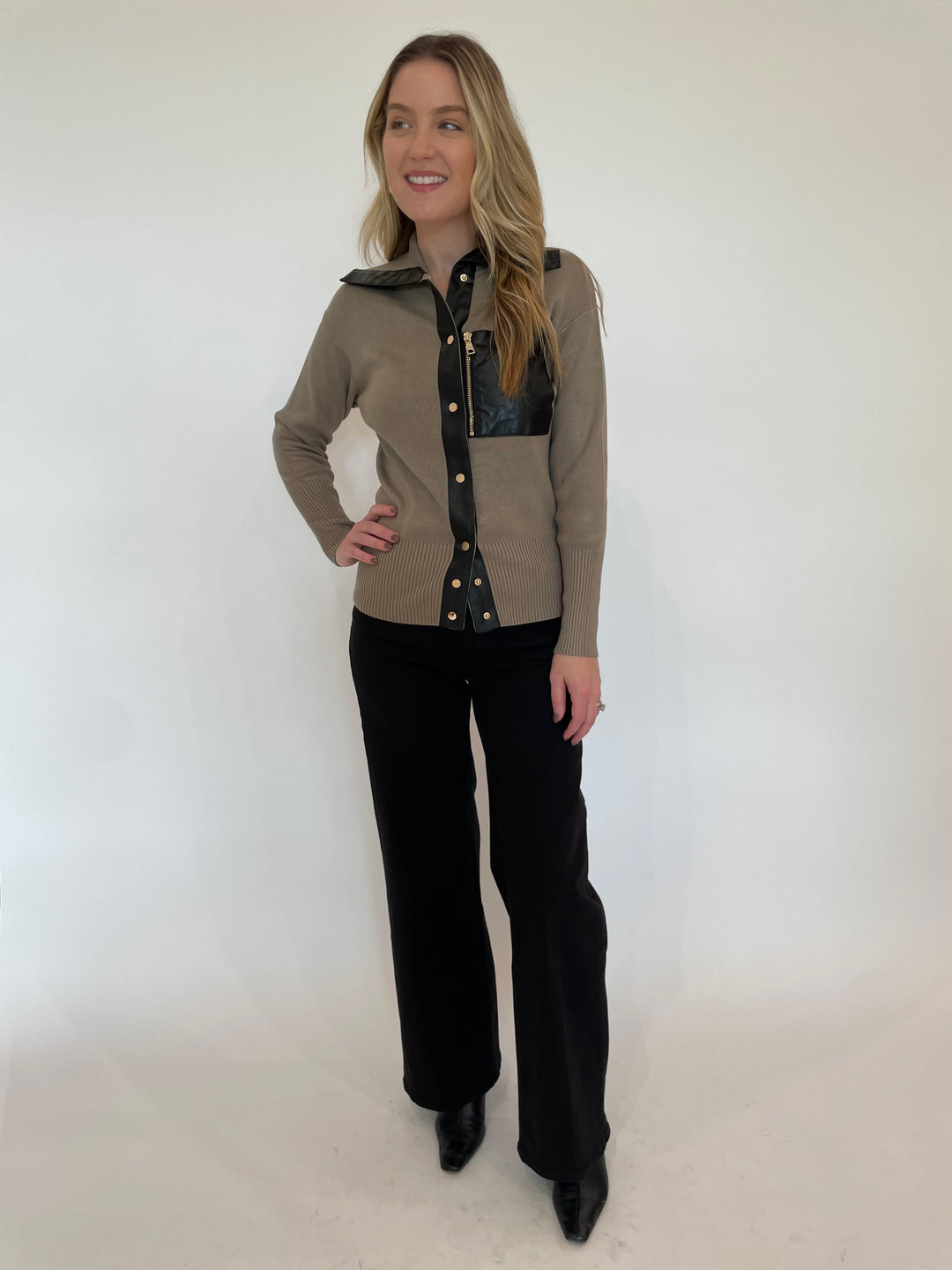 BK Mona Leather Trim Pocket Snap Knit Sweater in Latte/Black paired with Frame Le Slim Palazzo Wide Leg Jeans in Black available at Barbara Katz