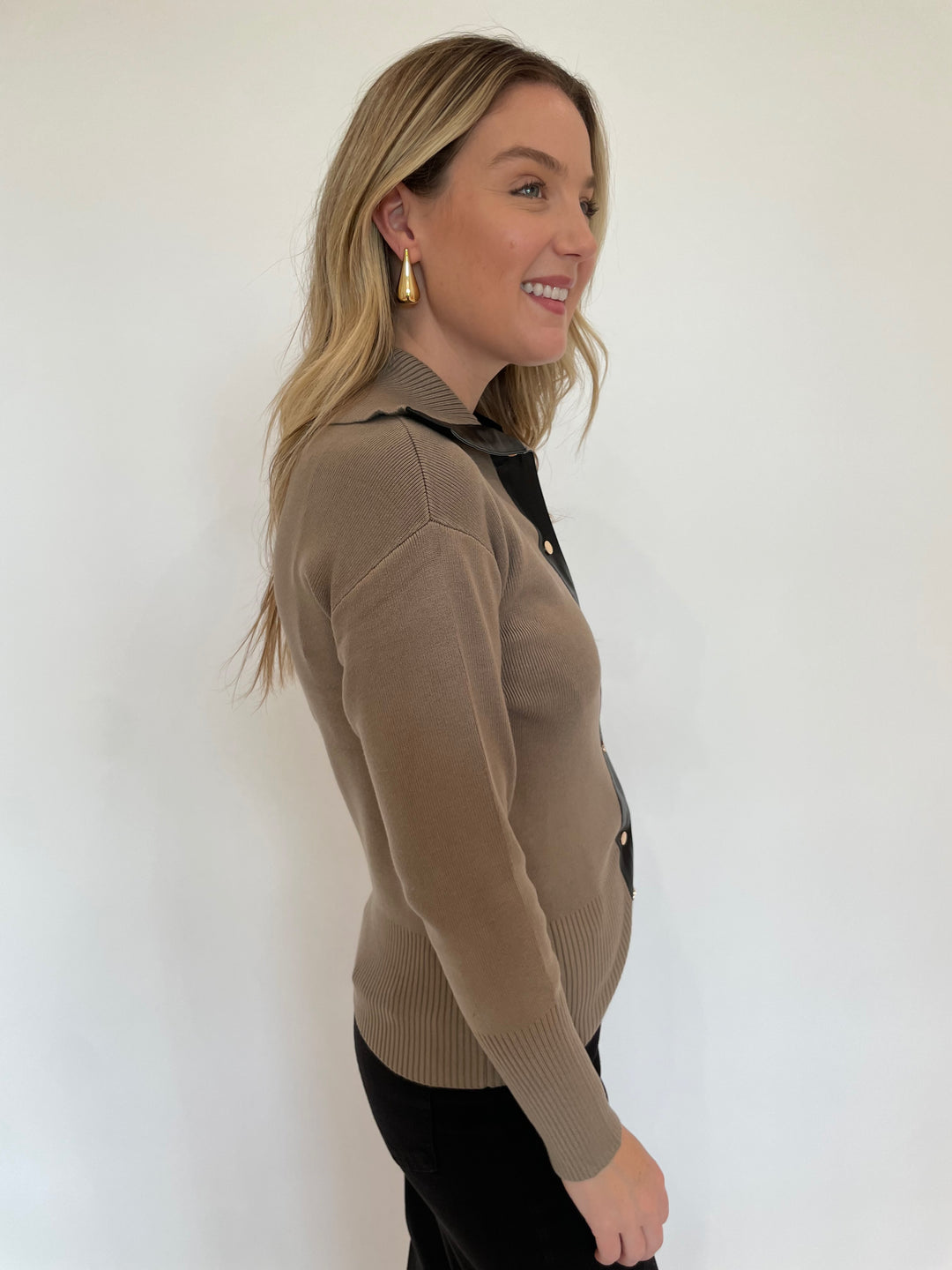 BK Mona Leather Trim Long Sleeve Knit Sweater in Latte/Black available at Barbara Katz