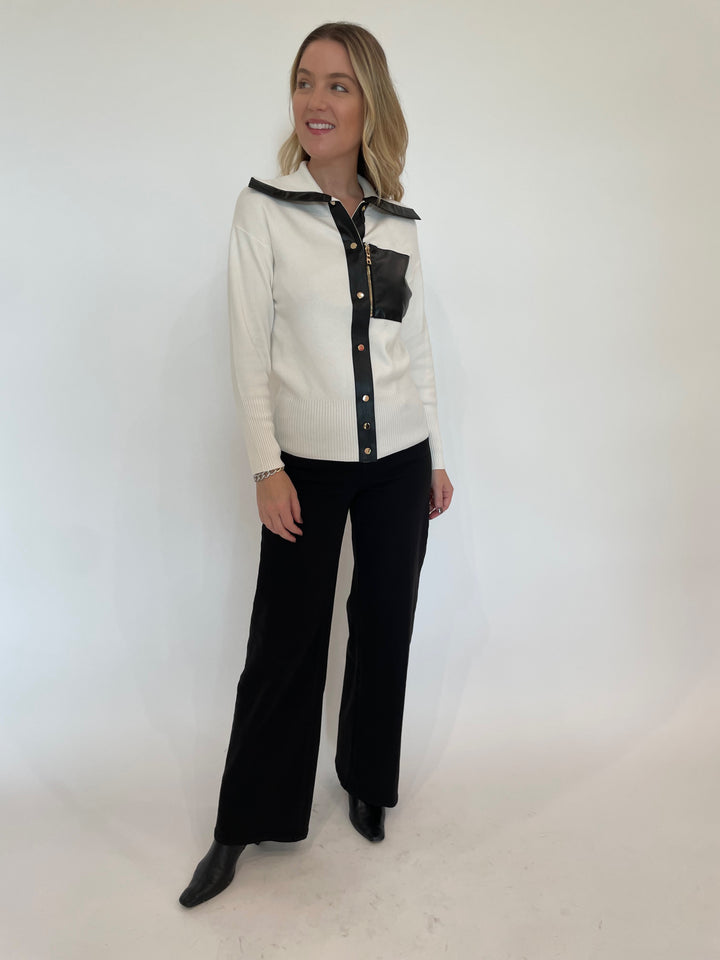 BK Mona Leather Trim Pocket Snap Knit Sweater in Ivory/Black paired with Frame Le Slim Palazzo Wide Leg Jeans in Black available at Barbara Katz