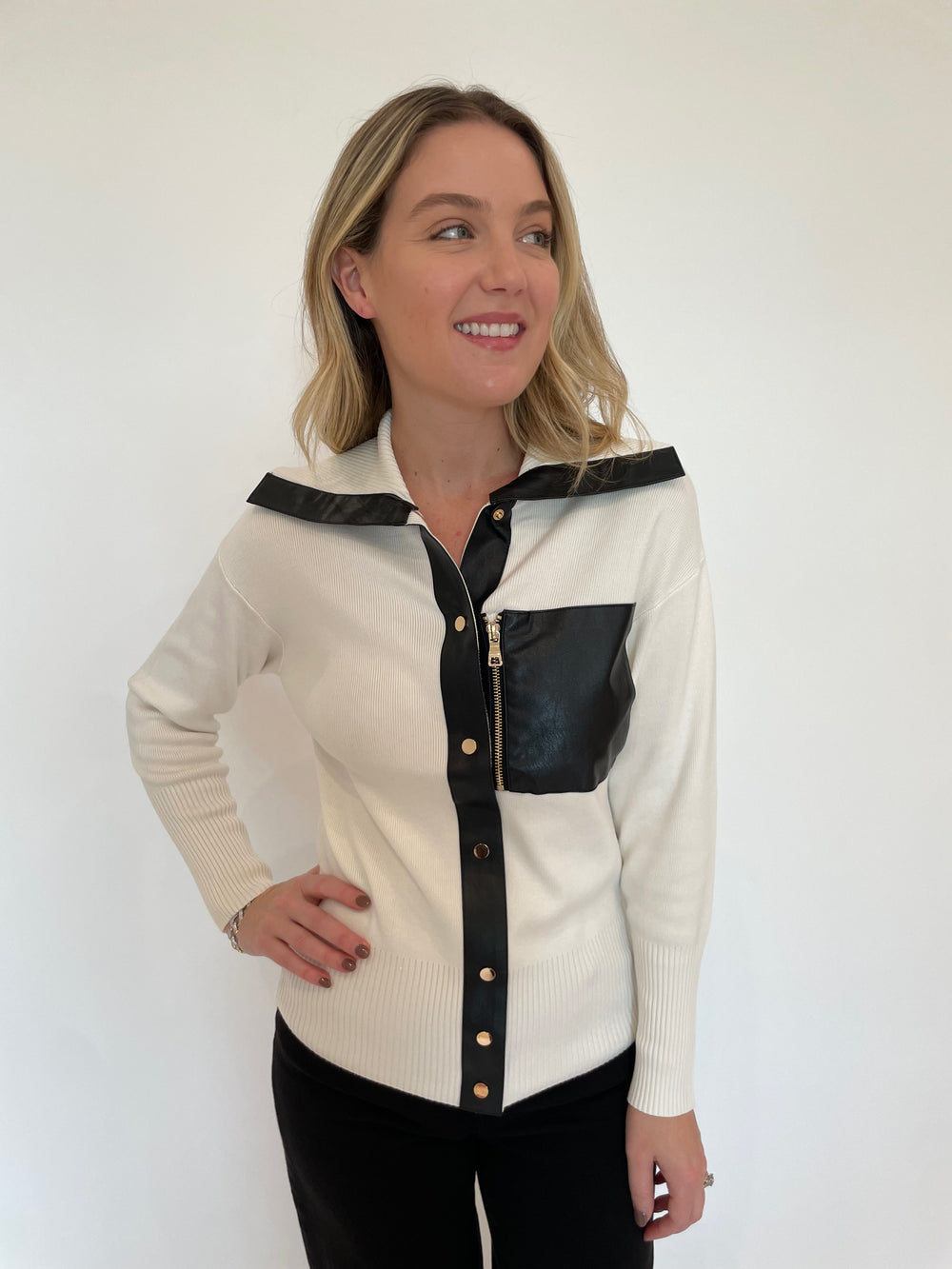 BK Mona Leather Trim Pocket Snap Knit Sweater in Ivory/Black  available at Barbara Katz