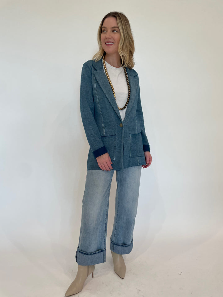 BK Hazel Knit Blazer in Indigo/Ivory paired with Pistola Ryder Cuffed Jeans in Essex, and Pono Pauline Necklace in Ginger available at Barbara Katz