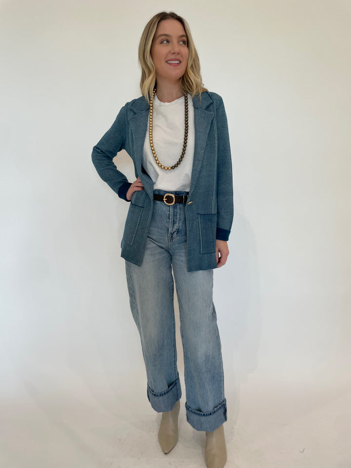 BK Hazel Knit Blazer in Indigo/Ivory paired with Pistola Ryder Cuffed Jeans in Essex, B-Low the Belt Bennett Leather Belt in Chocolate Gold, and Pono Pauline Necklace in Ginger available at Barbara Katz