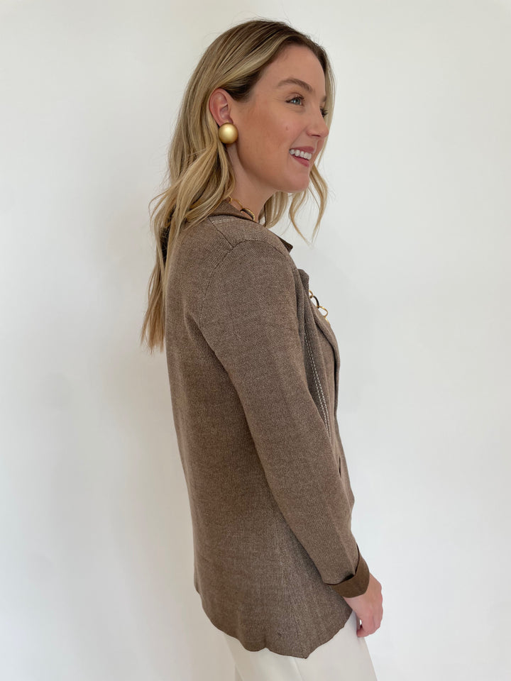 BK Hazel Long Sleeve Knit Blazer in Light Brandy/Ivory with Pono Mollie Barile Clip Earrings in Gold available at Barbara Katz