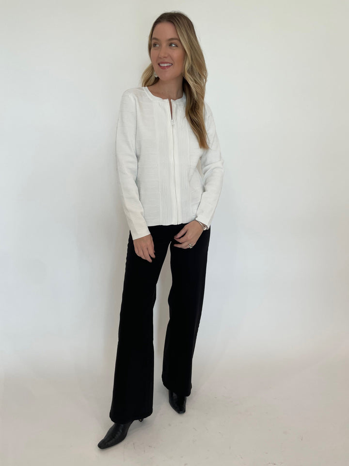 BK Juliet Zip Front Knit Jacket in Ivory paired with Frame Le Slim Palazzo Wide Leg Jeans in Black available at Barbara Katz