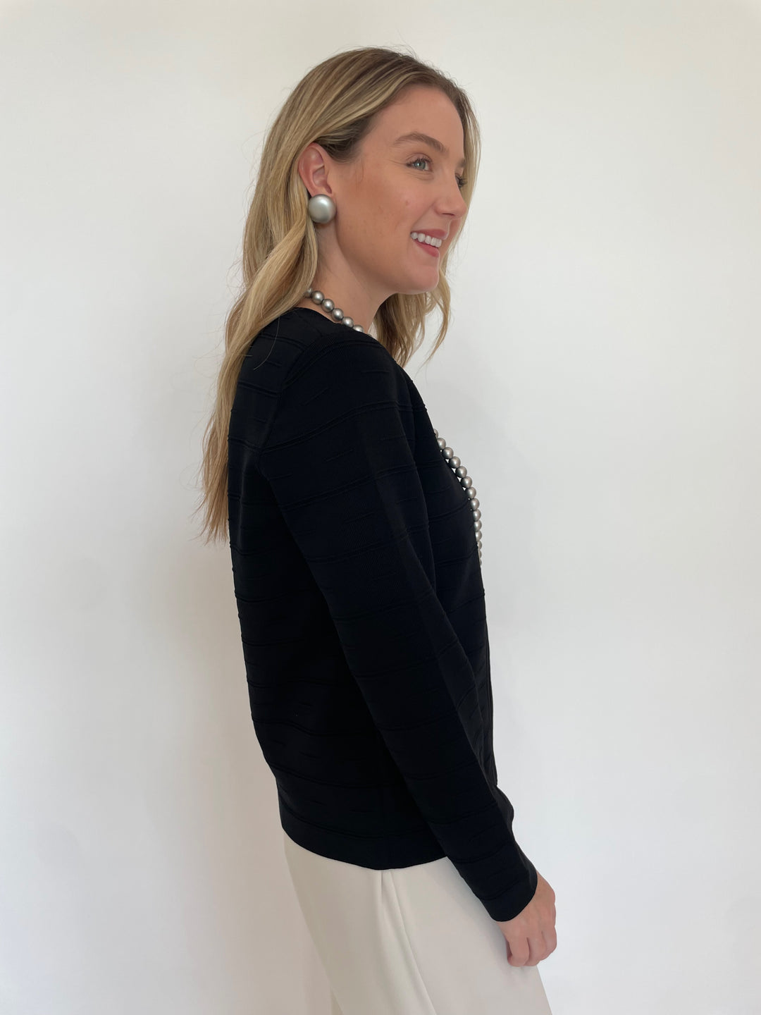 BK Juliet Zip-Front Long Sleeve Knit Jacket in Black with Pono Mollie Barile Clip Earrings in Silver available at Barbara Katz