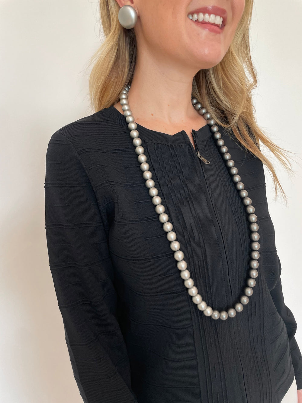 BK Juliet Zip-Front Textured Knit Jacket in Black with Pono Mollie Barile Clip Earrings in Silver and Pono Pauline Necklace in Chrome available at Barbara Katz