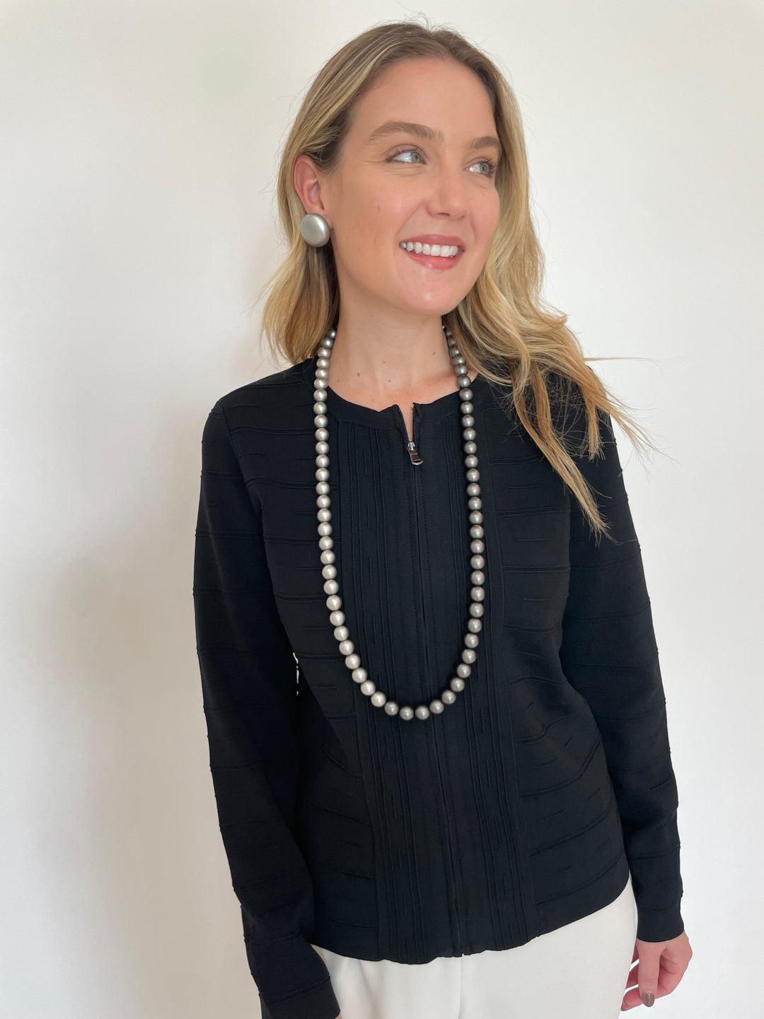 BK Juliet Zip-Front Knit Jacket in Black with Pono Mollie Barile Clip Earrings in Silver and Pono Pauline Necklace in Chrome available at Barbara Katz