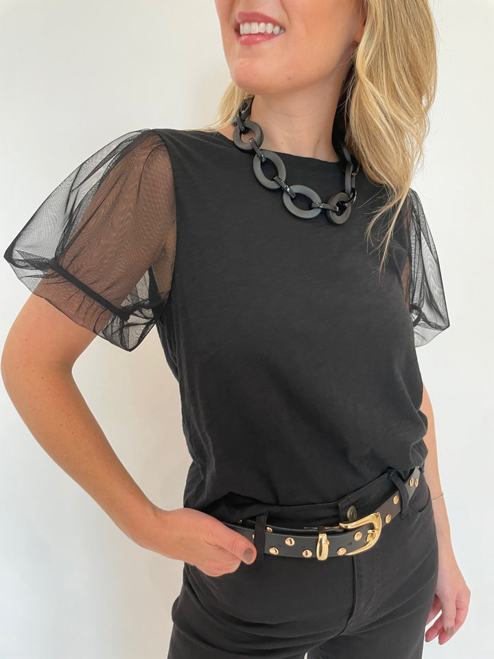 Goldie Tulle Princess Sleeve Tee in Black with Pono Linda Barile Necklace in Matte Black, B-Low the Belt Juniper Studded Leather Belt in Black Gold available at Barbara Katz