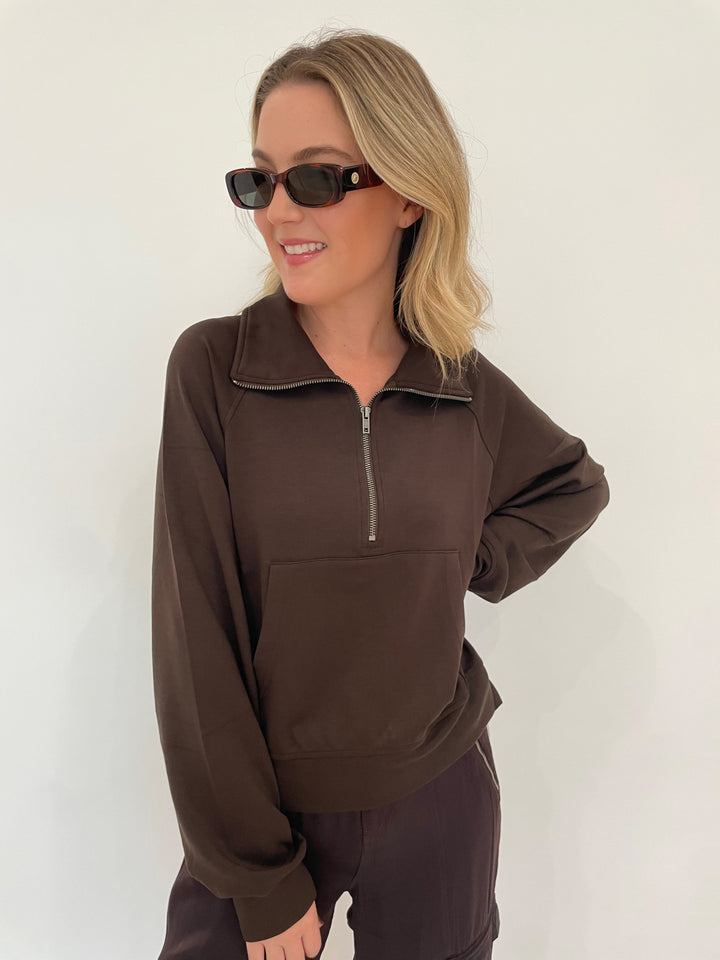 BK Caroline Half Zip-Up Collar Sweatshirt in Chocolate Brown with Le Specs Unreal! Sunglasses in Toffee Tort available at Barbara Katz