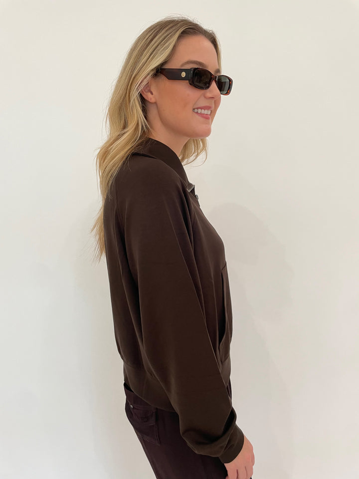 BK Caroline Half Zip-Up Collar Long Sleeve Sweatshirt in Chocolate Brown with Le Specs Unreal! Sunglasses in Toffee Tort available at Barbara Katz