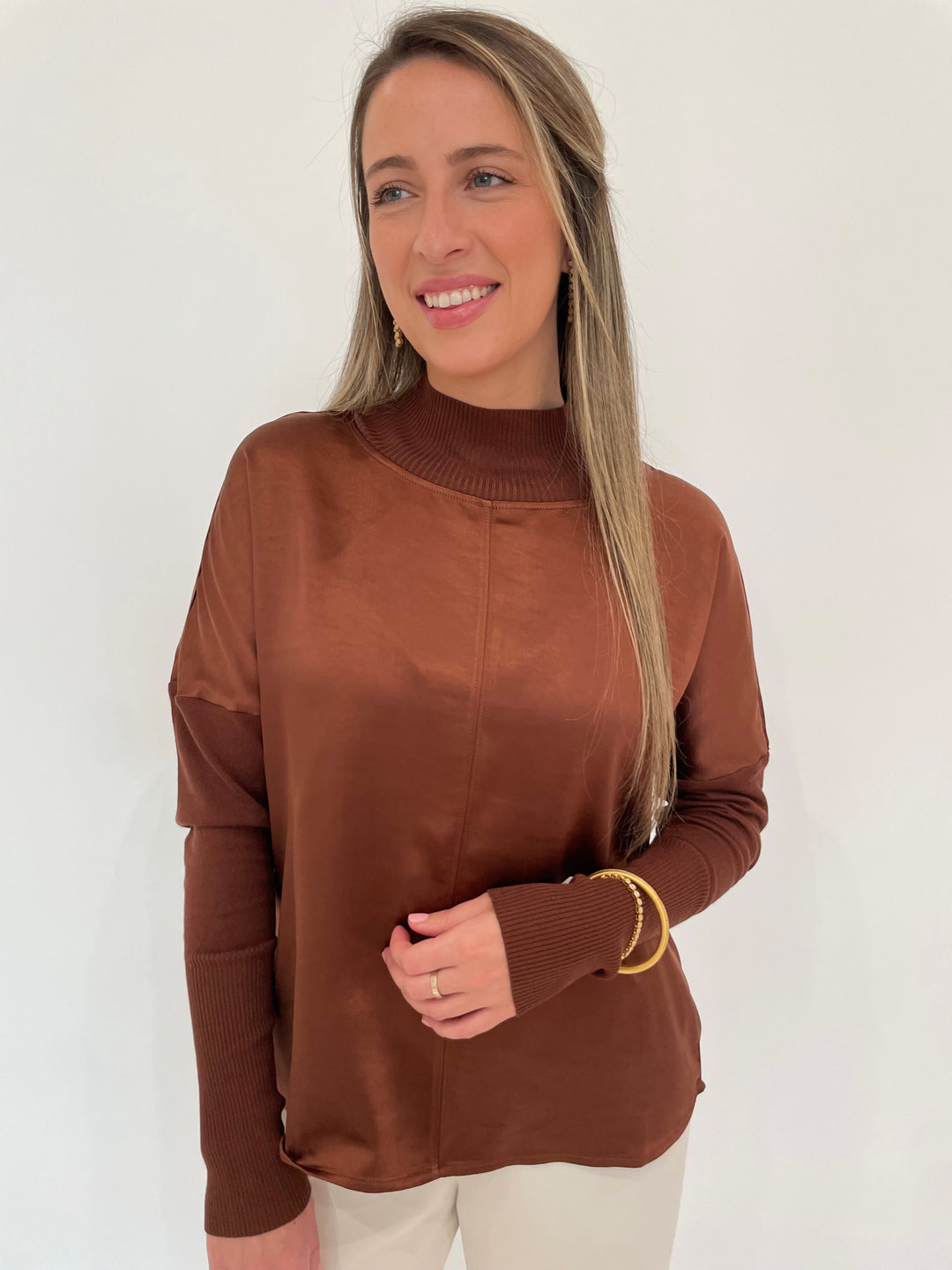 Melissa Nepton Norah Mix Media Satin Top in Marsala Brown with Dean Davidson Gold Mirabeau Pave Earrings, Mirabeau Pave Bracelet, and Collette Pave Bangle - all available at Barbara Katz