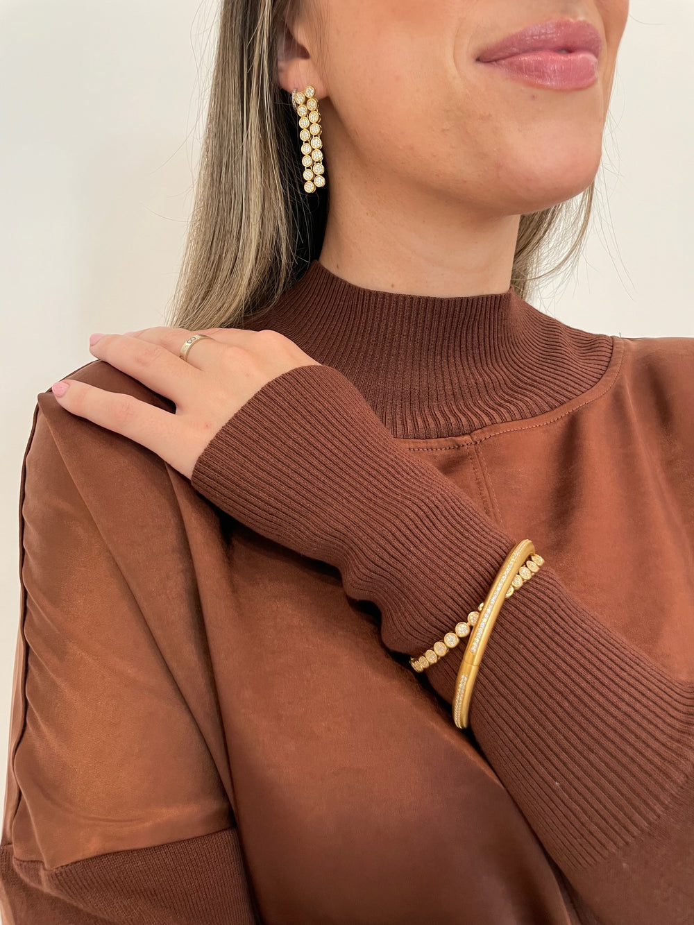 Melissa Nepton Norah Mock Neck Mix Media Satin Top in Marsala Brown with Dean Davidson Gold Mirabeau Pave Earrings, Mirabeau Pave Bracelet, and Collette Pave Bangle - all available at Barbara Katz