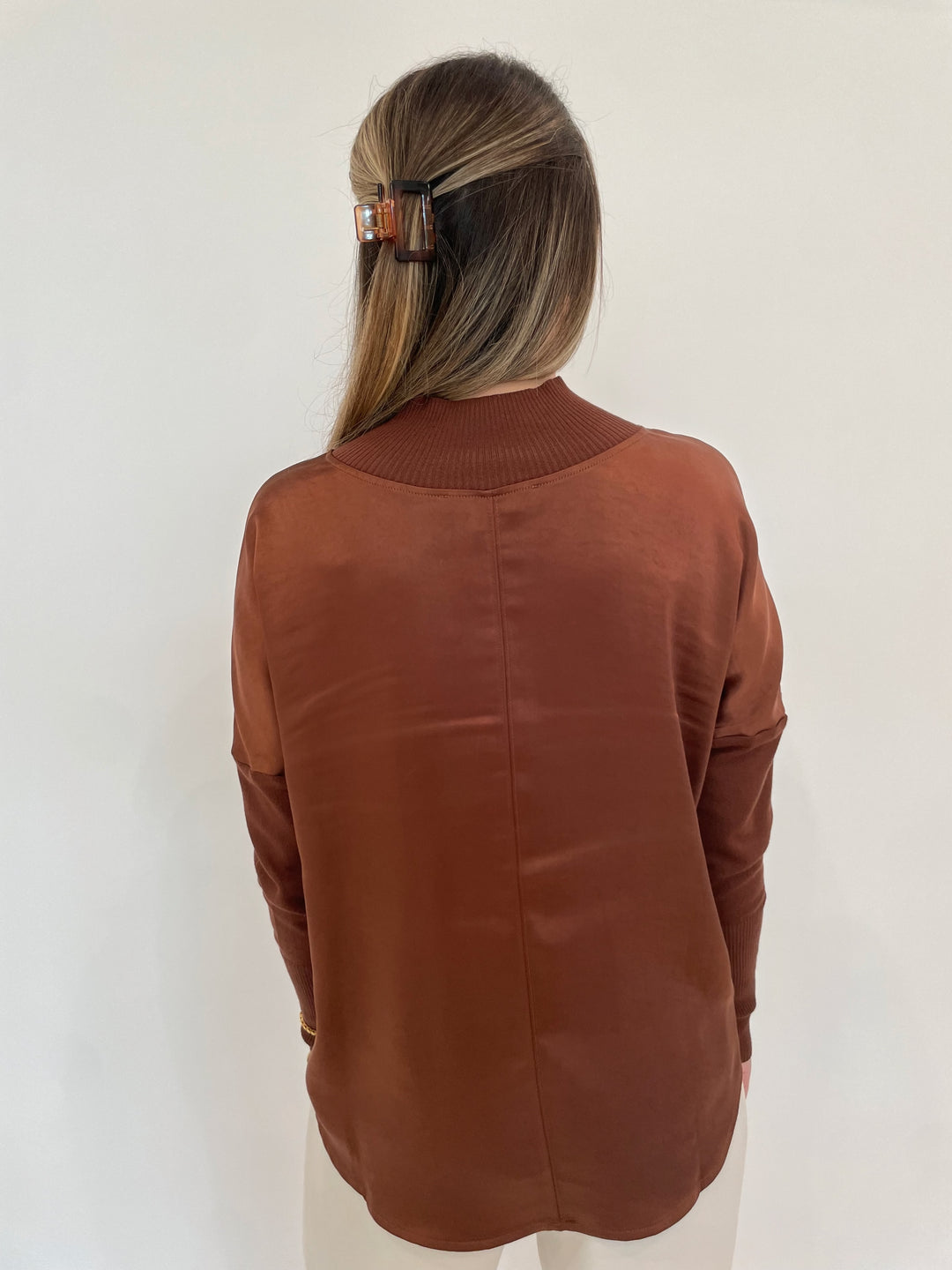 Melissa Nepton Norah Mock Neck Mix Media Satin Top in Marsala Brown available at Barbara Katz